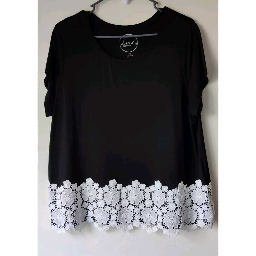 INC International Concepts Black Top w/ White Lace‎ Trim Short Sleeve Petite XL